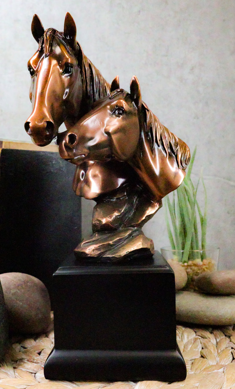 Rustic Western Wild Black Beauty Horse Couple Heads Figurine With Trophy Base