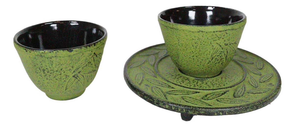 Japanese Evergreen Bamboo Matcha Green Heavy Cast Iron Tea Pot With Trivet and 2 Cups