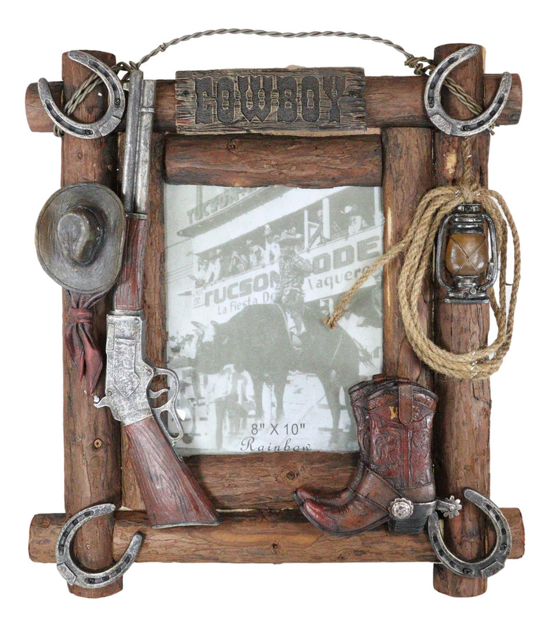 Rustic Western Cowboy Hat Rifle Boot Spur Horseshoes Lasso Ropes Picture Frame