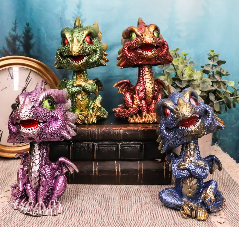 Set of 4 Whimsical Wyrmling Baby Dragons Sitting Naughty Bobblehead Figurines