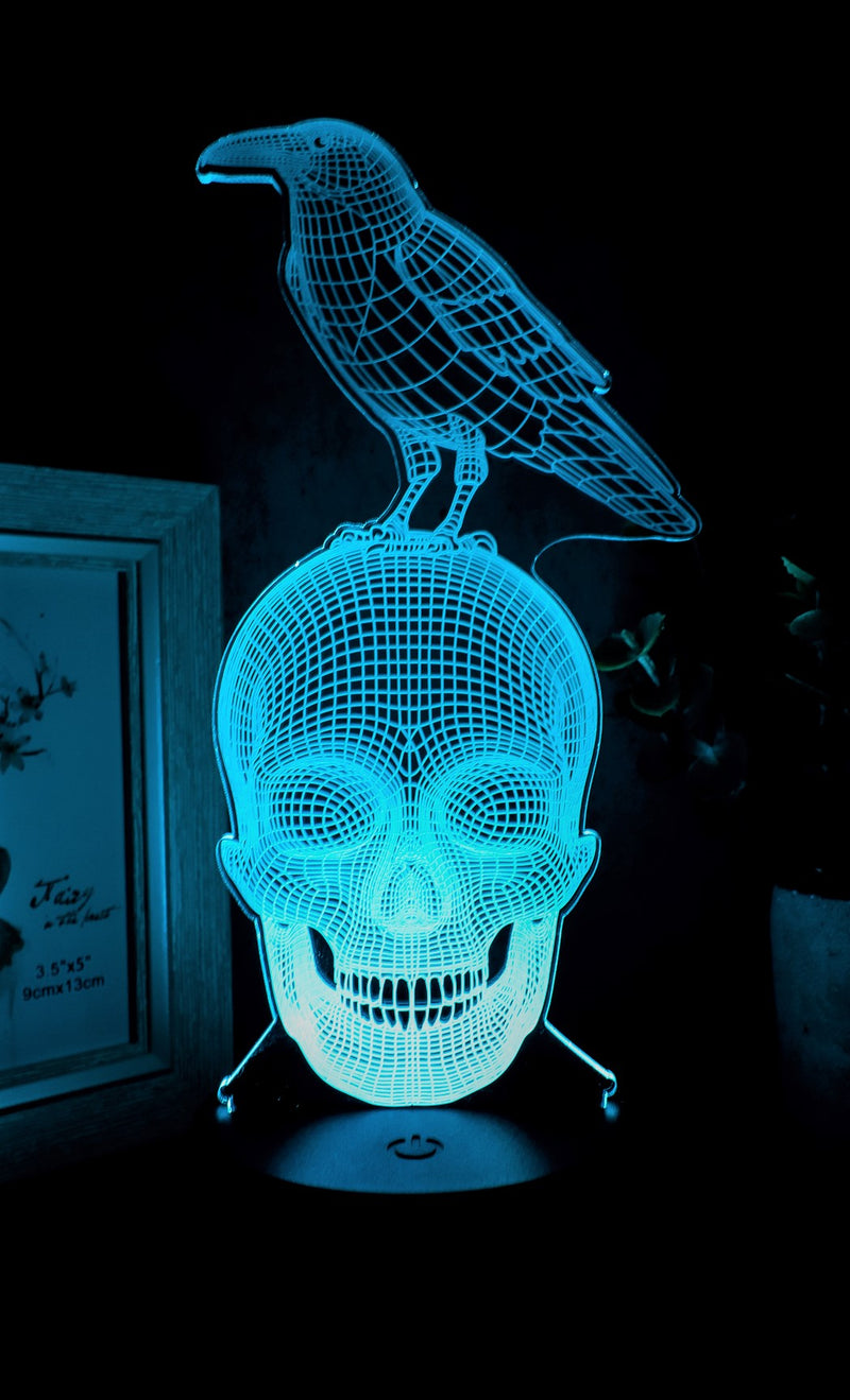 Ebros Gothic Raven On Grinning Skull Acrylic Art Panel Colorful LED Night Light