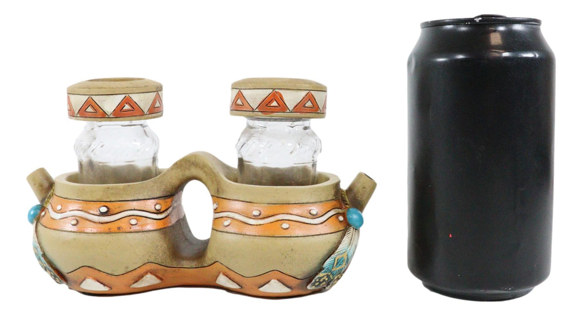 Southwest Indian Turquoise Feathers Pottery Jars Salt And Pepper Shakers Holder - Ebros Gift