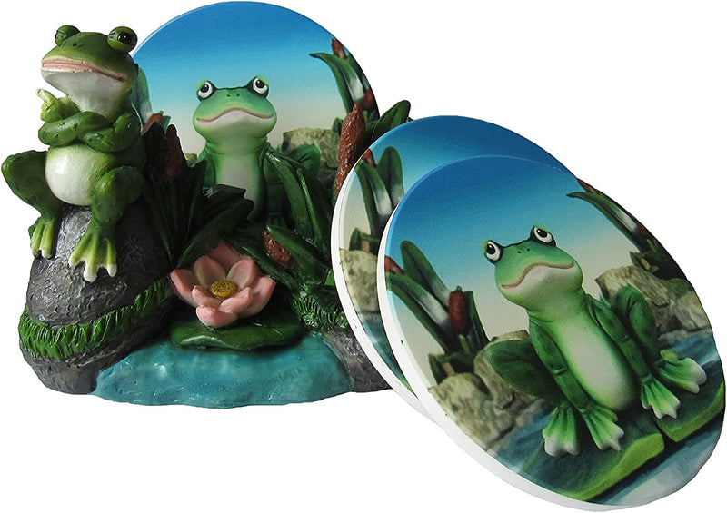 Ebros Hoppy Hour Frog Coaster 5PC Set Ceramic Coaster with Cork Base