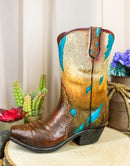 Rustic Western Cowboy Turquoise Cowhide Pattern Boot Flower Vase Planter Decor