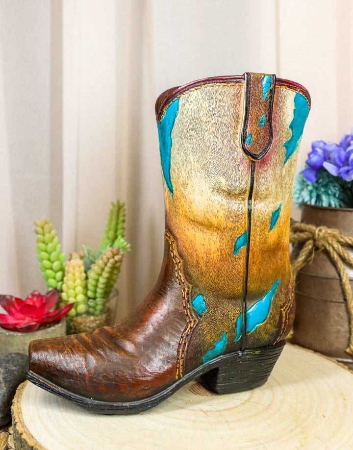 Rustic Western Cowboy Turquoise Cowhide Pattern Boot Flower Vase Planter Decor