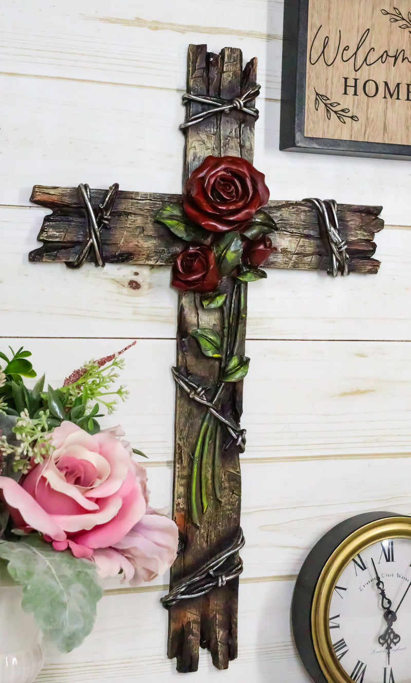 Rustic Western Faux Wooden Valentine Love Red Roses With Barbed Wires Wall Cross