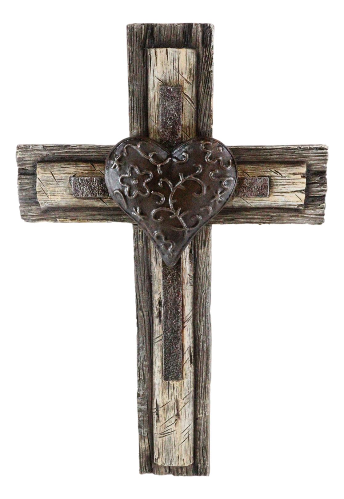 Rustic Western Tooled Metal Heart Faux Wooden Layered Wall Cross Decor Plaque