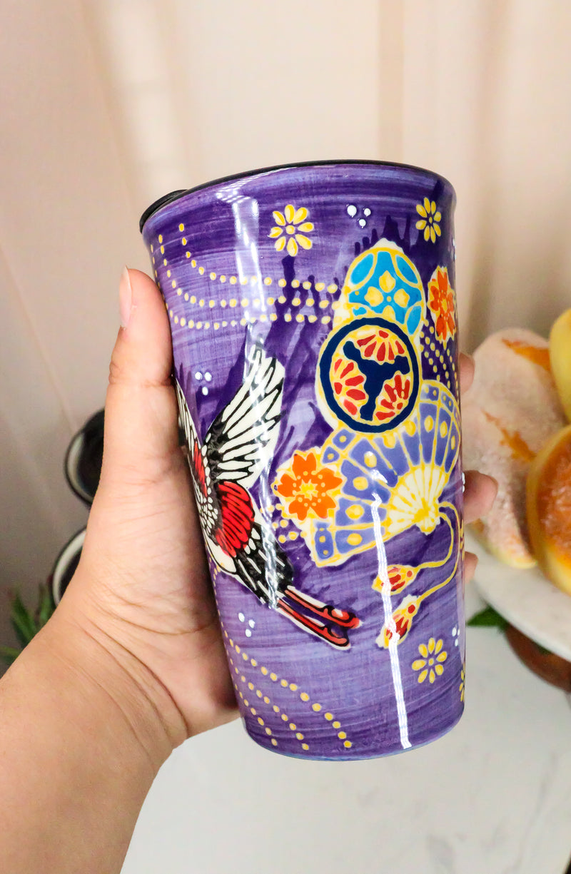 Purple Japanese Crane & Florals Ceramic Travel Mug Cup 12oz With Lid Hot Or Cold