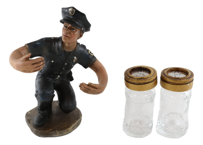 Police Man Officer Cop In Blue Uniform Kneeling Salt Pepper Shakers Holder