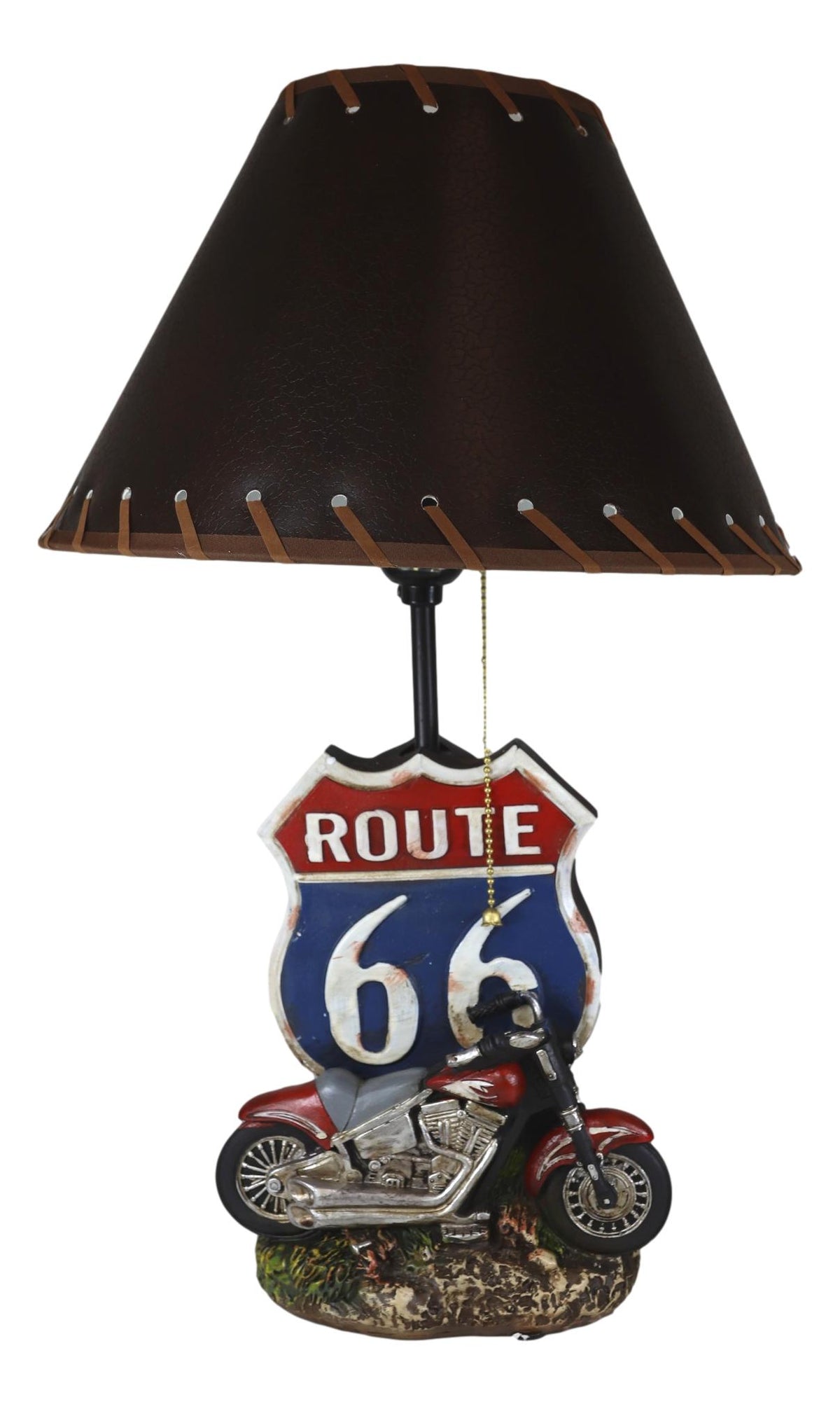 Vintage Retro Red Motorcycle By Route 66 Highway Sign Desktop Table Lamp 19"Tall