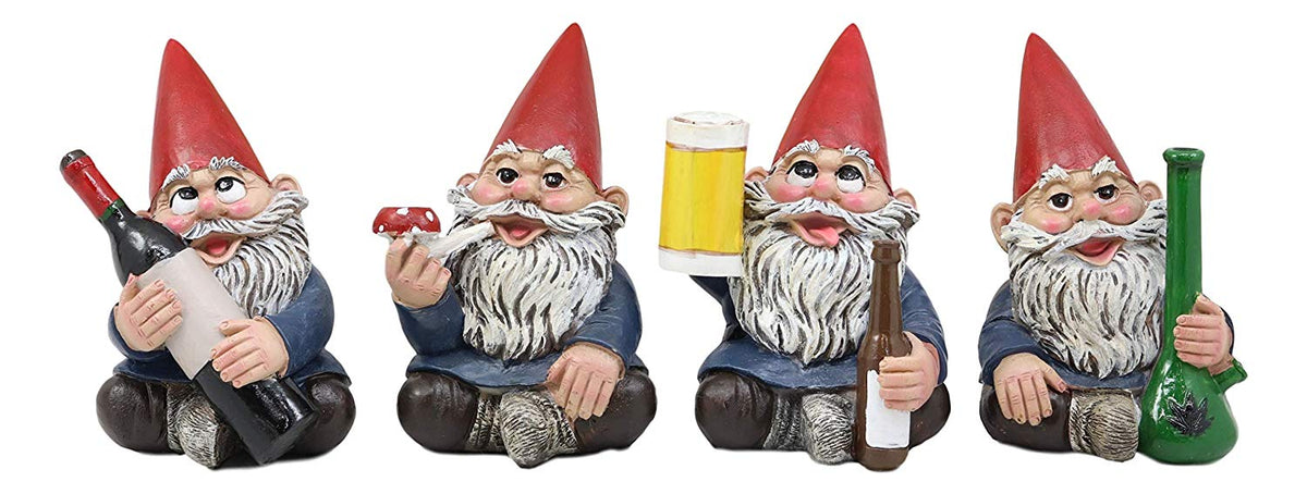 Ebros Happy Times Drunk and High Gnome Figurines Collectible Set of 4 Whimsical Dwarf Gnomes Home Shelf Decors Miniature Statues 3.5" Tall Party Celebration of Wine Beer Weed Bong Magic Mushroom - Ebros Gift