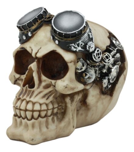 Steampunk Pilot Aviator Cyborg Skull Figurine Painted Gearwork Robotic Sculpture