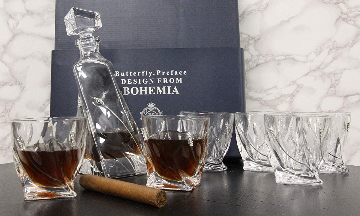 7 Piece Whiskey Scotch Brandy Set Elegant Clear Glass Decanter And DOF Glasses - Ebros Gift