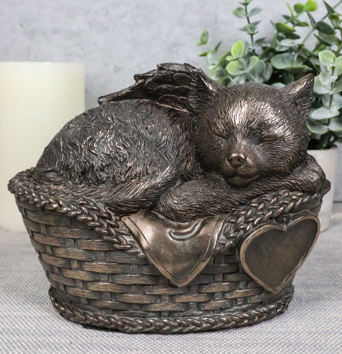 Heavenly Angel Cat Sleeping in Wicker Bed Cremation Urn Pet Memorial Statue
