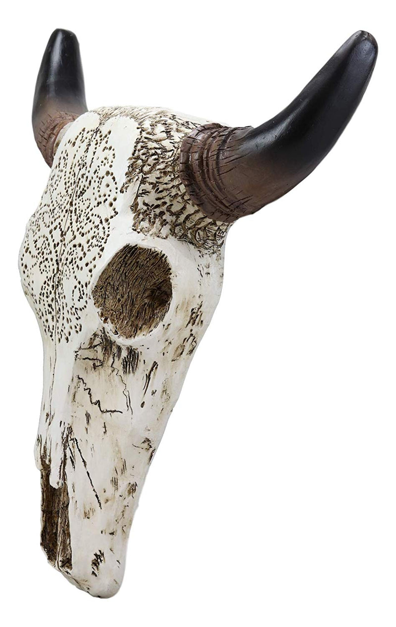 Ebros 13" High Steer Bison Buffalo Bull Cow Skull Head with Horns Wall Mount Decor with Tooled Southwestern Cross Pattern - Ebros Gift