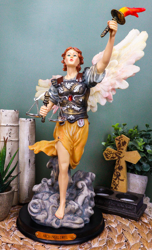 Ebros Byzantine Archangel Saint Uriel Statue with Brass Name Plate Wooden Base