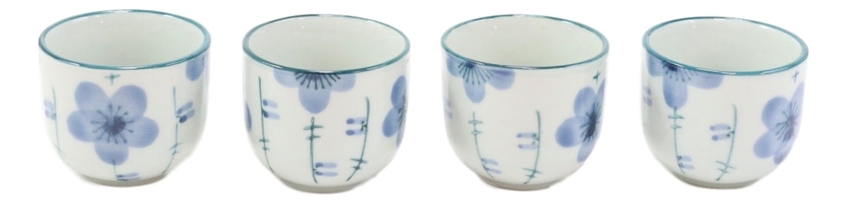 Blue Japanese Cherry Blossom Flowers Design Porcelain Tea Pot And 4 Cups Set