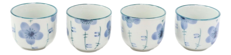 Blue Japanese Cherry Blossom Flowers Design Porcelain Tea Pot And 4 Cups Set