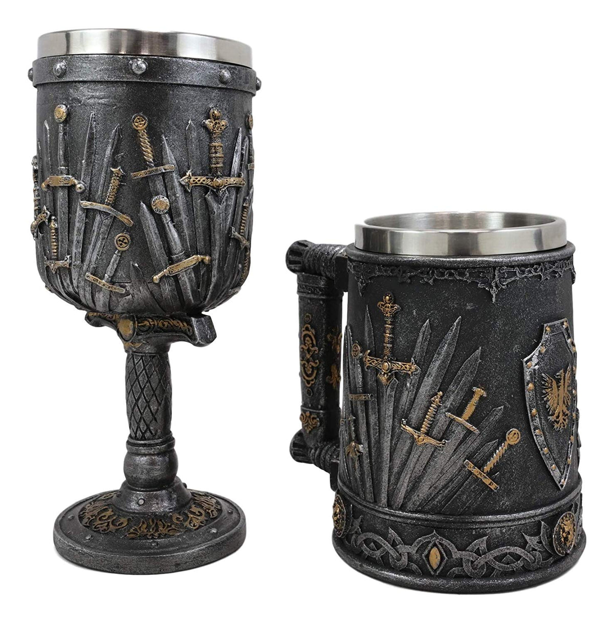 Set of 2 Medieval Dragons Iron Throne Of Valyrian Steel Swords Wine Goblet & Mug