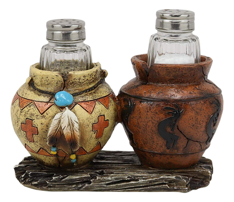 Ebros Gift Southwestern Native American Indian Hopi Kokopelli God and Turquoise Feathers Canister Jars Glass Salt and Pepper Shakers Holder Figurine Set 6.25" Wide Decorative Home and Kitchen Accent