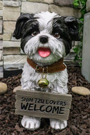 Ebros- Small But Sassy - Adorable Black & White Shih Tzu Puppy Dog Sitting Figure with Reversible Welcome Sign Home Accent Patio Sculpture Garden Décor, 11-inch