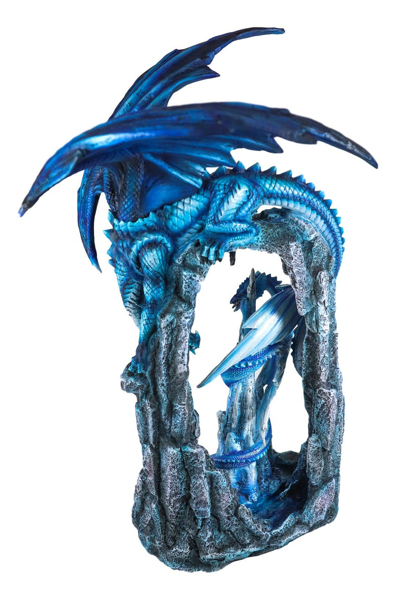 Ebros 20"H Blue Frozen Dragon On Cavern With Wyrmling By Ice Stalagmite Statue