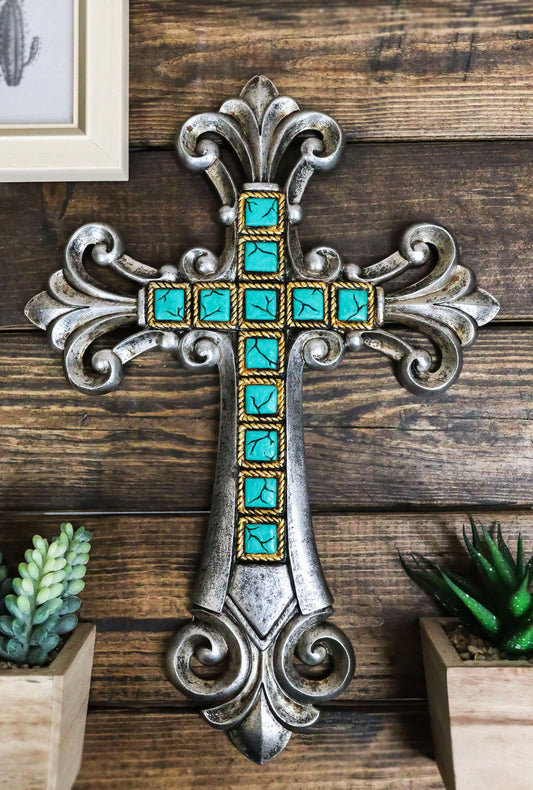 Southwestern Silver Tuscan Fleur De Lis Scrollwork Turquoise Rocks Wall Cross - Ebros Gift