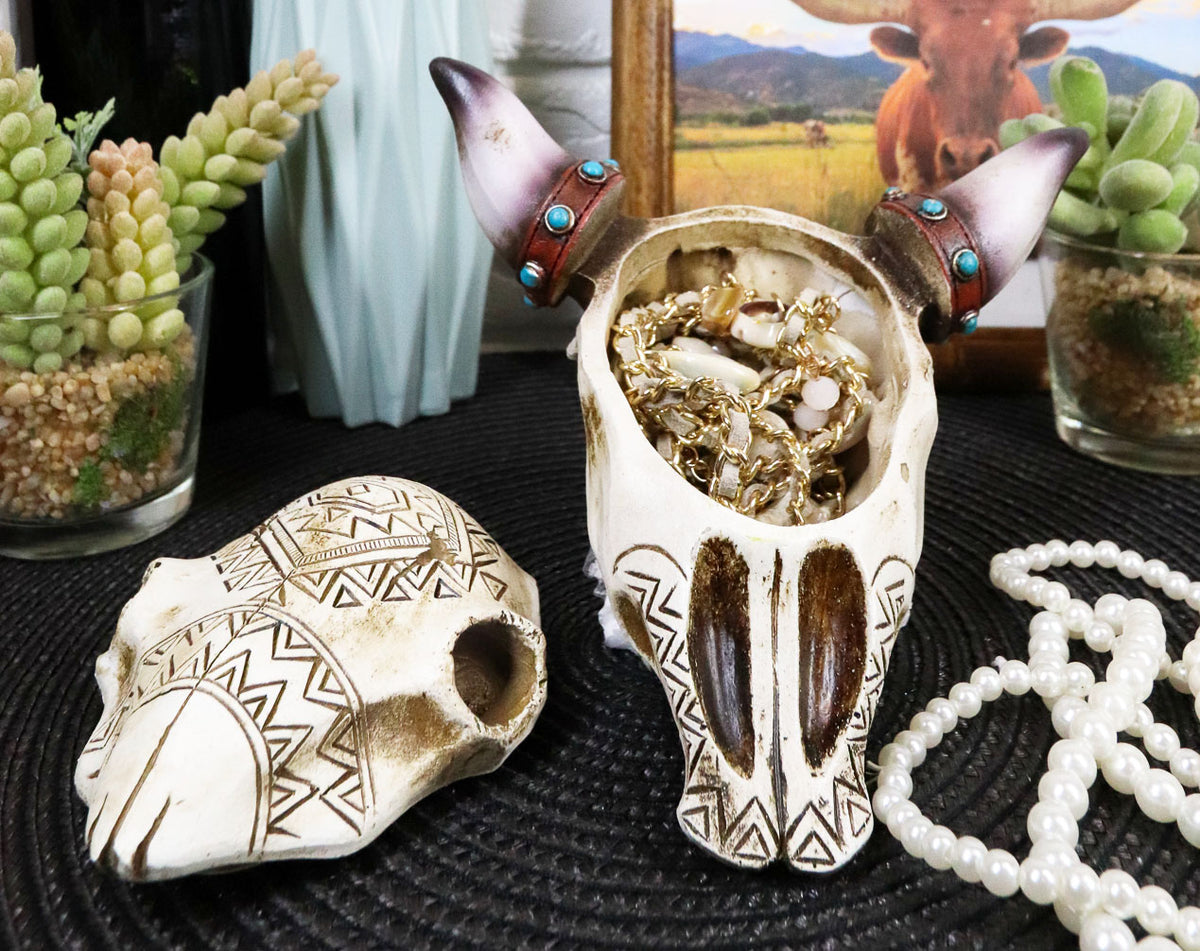 Set Of 2 Southwest Rustic Cow Skull With Cross And Aztec Patterns Trinket Boxes