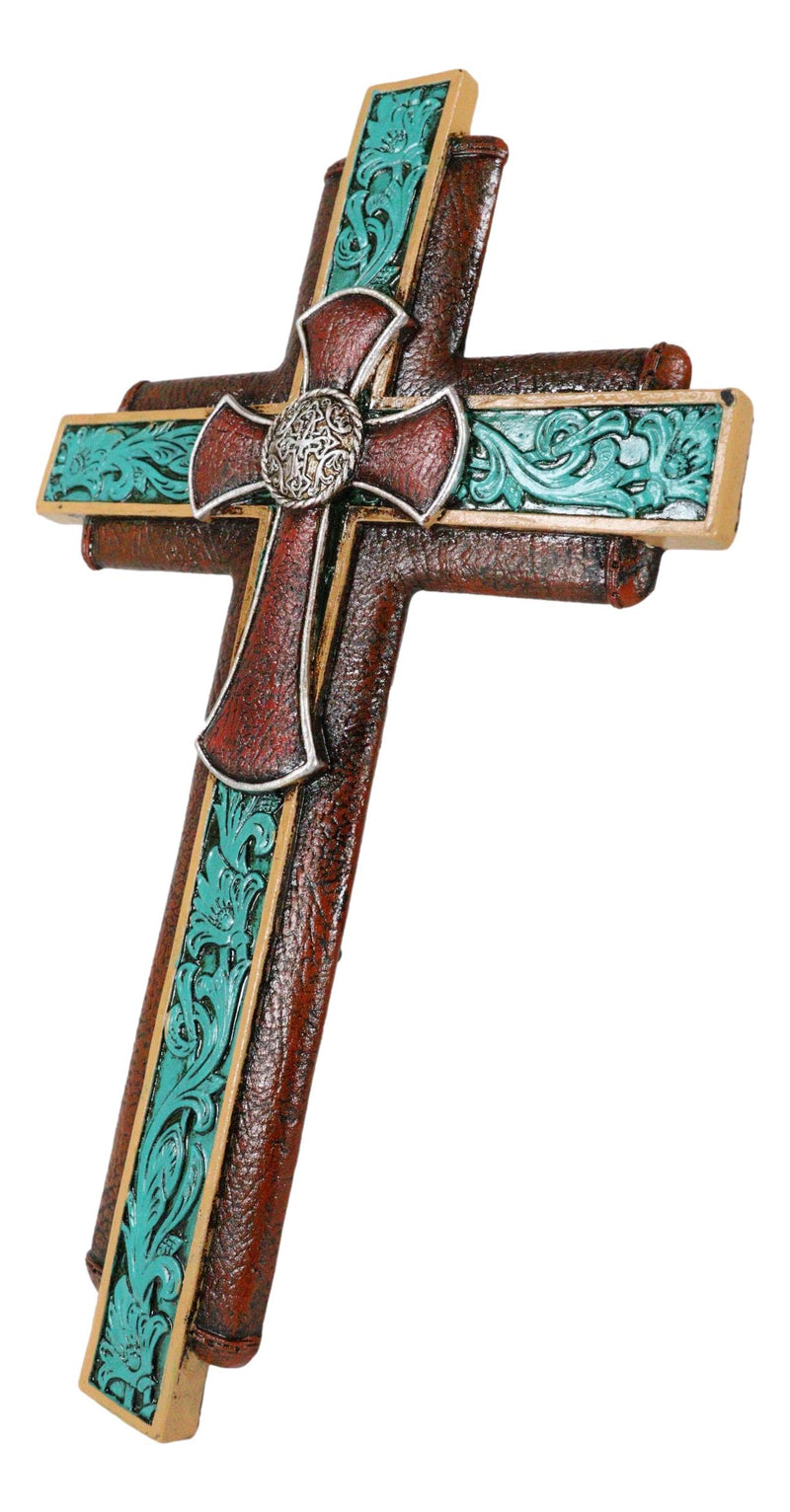 Rustic Western Ornate Concho Turquoise Scroll Layered Faux Leather Wall Cross