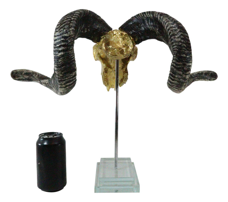 Electroplated Gold Realistic Bighorn Sheep Ram Skull Sculpture On Pole Stand