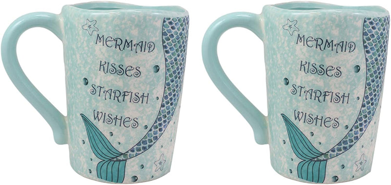 Ebros Nautical Blue Mermaid Kisses Starfish Wishes Ceramic Mug 18oz, Set of 2