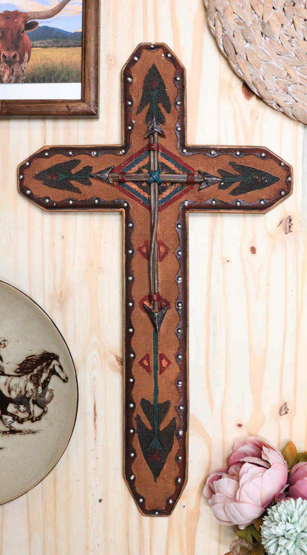 Large 22"H Rustic Southwestern Aztec Tribal Vector Symbols And Arrows Wall Cross