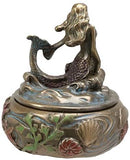 Ebros Bronzed Resin Mermaid Sitting Above Ocean Waves Small Round Trinket Box