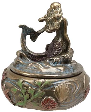 Ebros Bronzed Resin Mermaid Sitting Above Ocean Waves Small Round Trinket Box