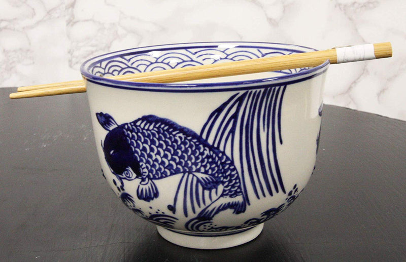 Zen Pond Koi Fish Waterfall Ramen Noodles 5"D Soup Rice Bowl With Chopsticks Set