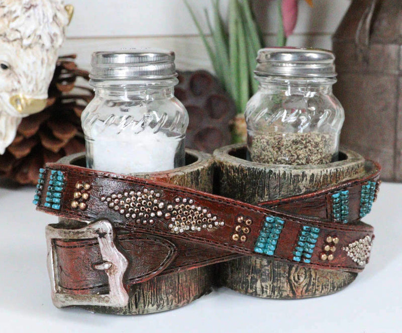 Rustic Western Cowboy Faux Leather Belt On Wood Salt Pepper Shakers Holder
