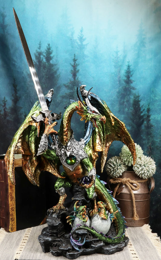 Ebros Gift Large Green Jade Armored Dragon Guardian of The Space Orb and Excalibur Dagger Blade Sword Statue 16.75" Tall
