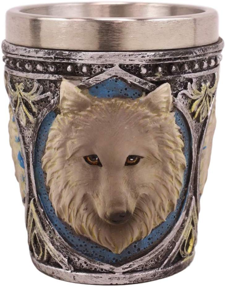 Ebros Full Moon Grey Wolf 2-Ounce Shot Glass Resin With Stainless Steel Liners