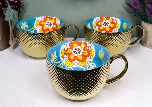 Large Luxury Gold Plated Ottoman Style Turquoise Flower Mug Bowls 28oz Set Of 3 - Ebros Gift