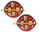Pack Of 2 Red Maneki Neko Lucky Cats Appetizer Coupe Plates With Chopsticks Set