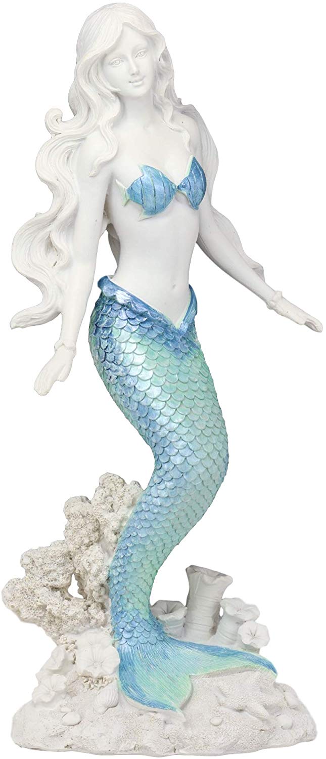 Ebros Nautical Blue Tailed Siren Mermaid Ariel Standing By Corals Statue 11.75"H
