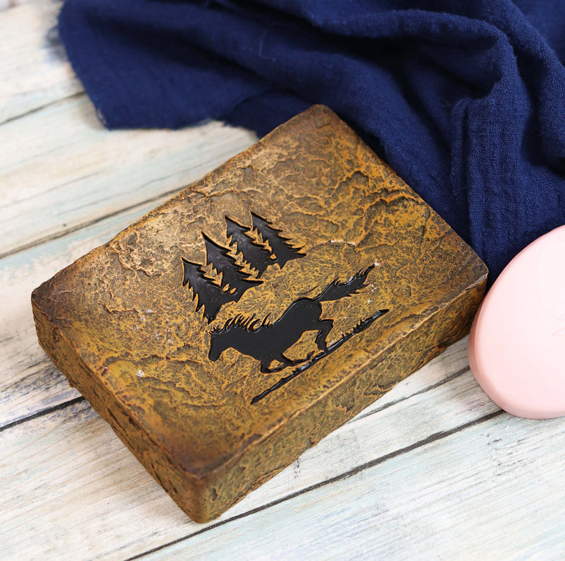 Rustic Western Mustang Horse Pine Trees Silhouette Bar Soap Dish Holder Figurine