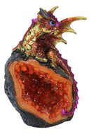 Metallic Red Iridescent Wyrmling Dragon On Faux Geode Crystal Rock Figurine 4"H