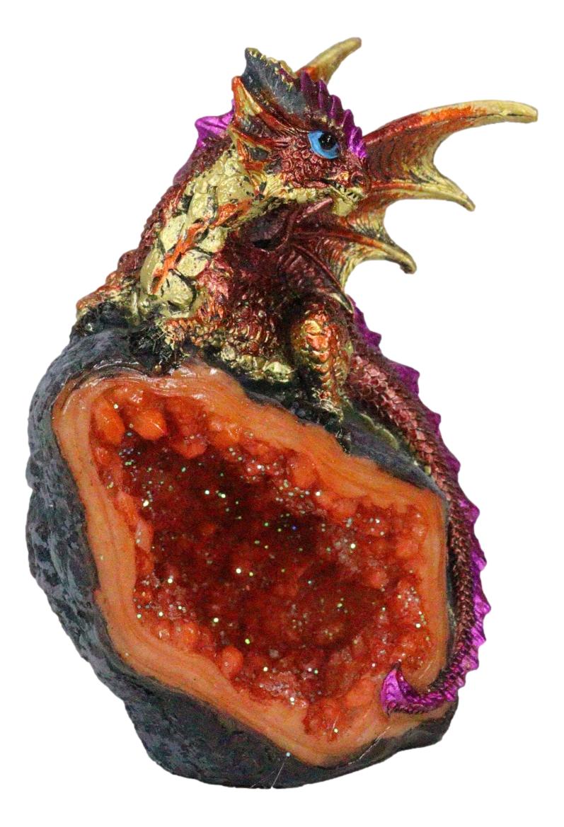 Metallic Red Iridescent Wyrmling Dragon On Faux Geode Crystal Rock Figurine 4"H