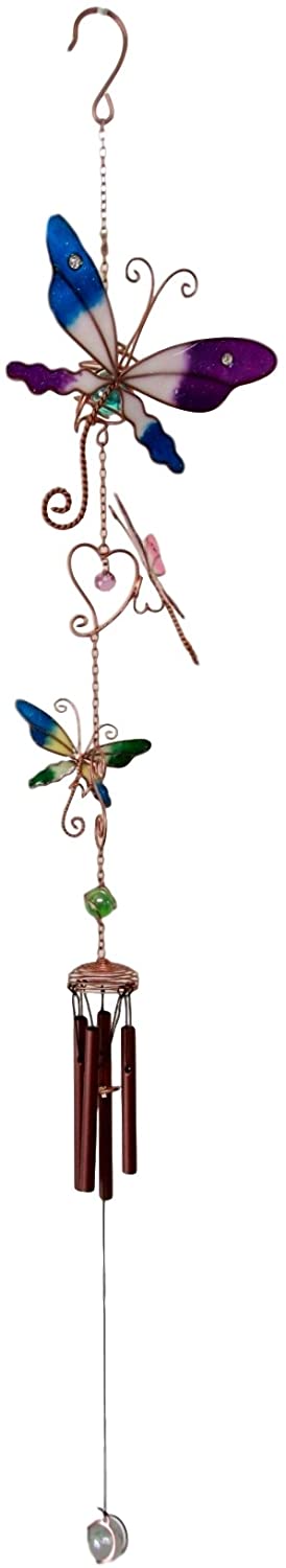 Ebros Gift Stained Glass Colorful Three Butterflies Copper Metal Wind Chime 28"Long Resonant Outdoor Patio Garden Decor Accessory