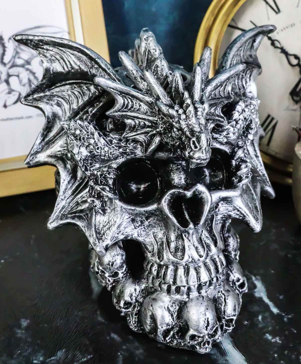 Flying Dragon On Ossuary Morphing Skull with Celtic Tribal Patterns Figurine - Ebros Gift