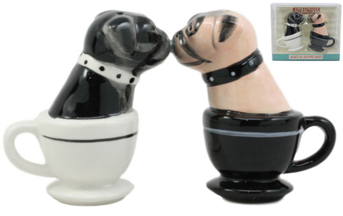Black Fawn Miniature Teacup Pugs Salt And Pepper Shakers Ceramic Magnetic Set
