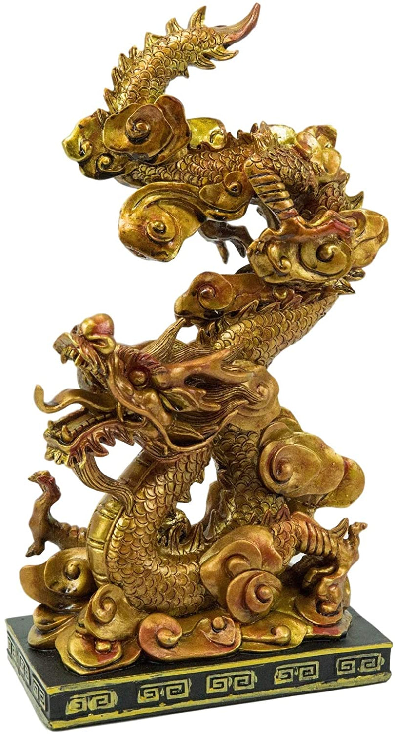 Ebros Feng Shui Nine Dragons Golden Dragon King Statue With Black Base 10.25"H