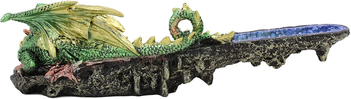 Ebros Green Jade Dragon Guarding Blue Quartz Crystal Quarry River Incense Burner - Ebros Gift