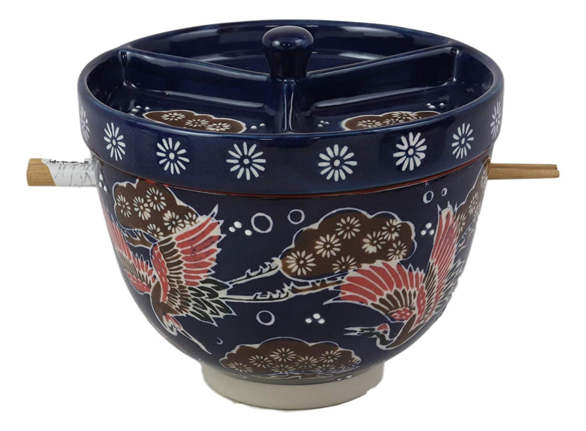 Ebros Japanese Dining Tempura Udon Noodles And Tentsuyu Dipping Sauce Large 6"D Bowl With Condiment Divider Lid And Built In Chopsticks Rest With Bamboo Chopsticks Set (Blue Japanese Stork)